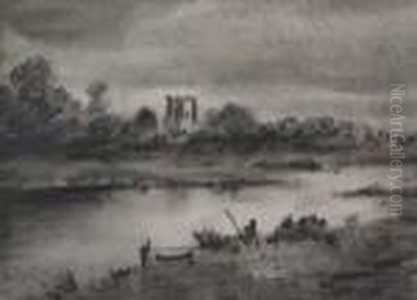 Castle By A Lake Oil Painting by Thomas Monro