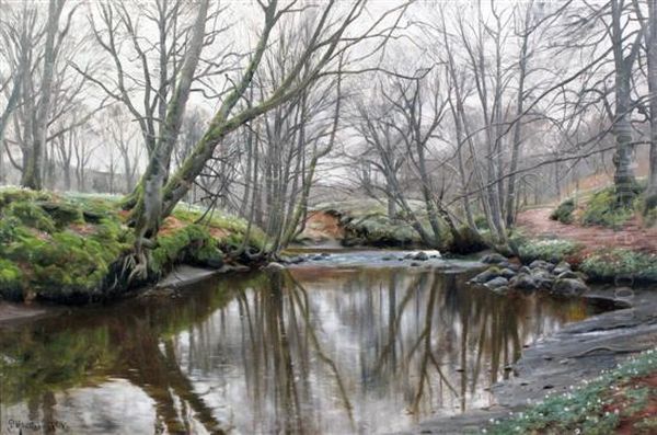 Snowdrops Beside A River Oil Painting by Peder Mork Monsted