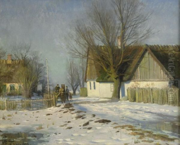 Lilla Sorup - Soligt Vinterlandskap Med Hast Och Vagn Oil Painting by Peder Mork Monsted