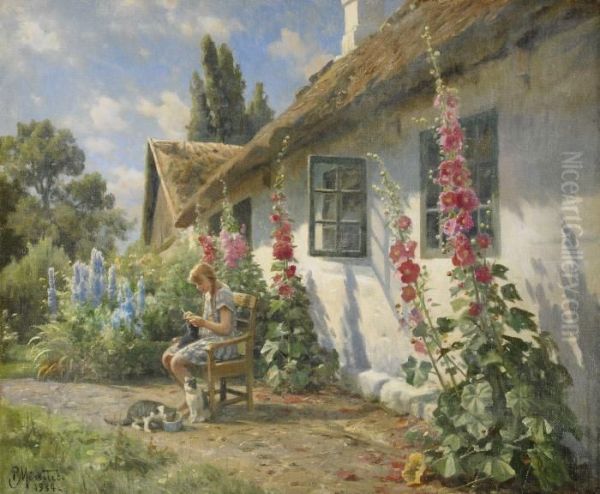 Stickande Flicka I Solsken Oil Painting by Peder Mork Monsted