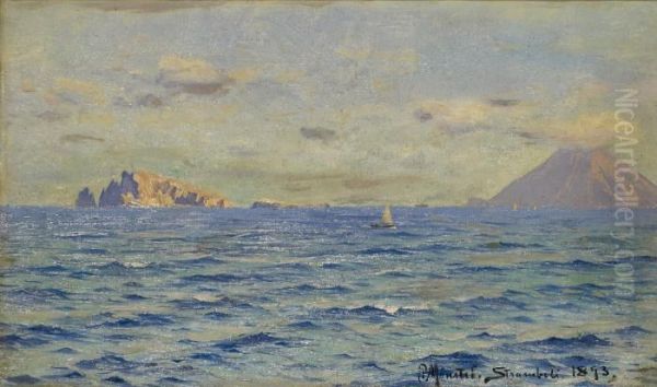 Havslandskap Med Segelbat Vid Stromboli Oil Painting by Peder Mork Monsted