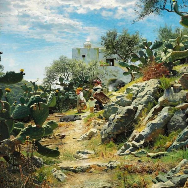 Ved Middagstid I En Cactusplantage Paa Capri. Oil Painting by Peder Mork Monsted