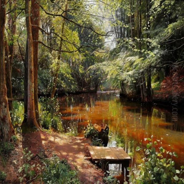 Glimpses Of The Sun In Saeby Stream Oil Painting by Peder Mork Monsted