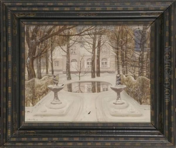 Corbeaux Devant La Villa Rose Sous La Neige Oil Painting by Constant Montald