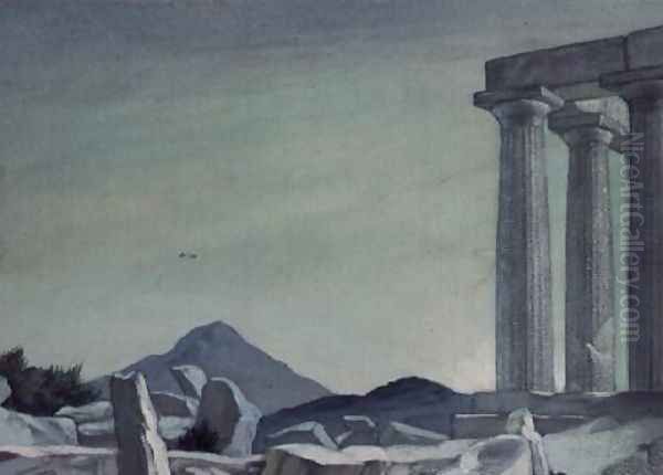 The Oros, Aegina (Mount Oros from the Temple of Aphaea at Aegina, Greece) Oil Painting by Vera Willoughby