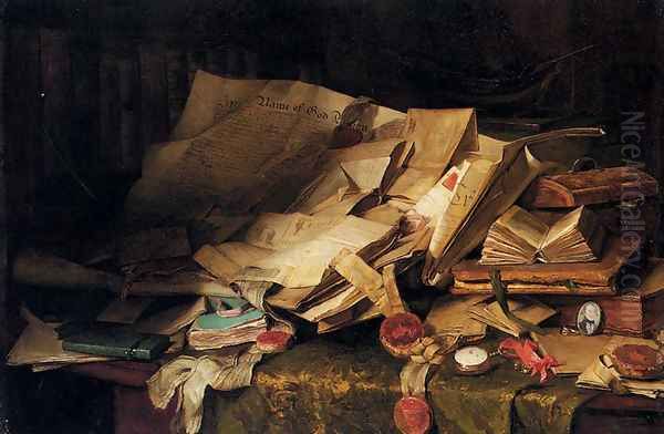 Still Life: Books And Papers On A Desk Oil Painting by Catherine M. Wood