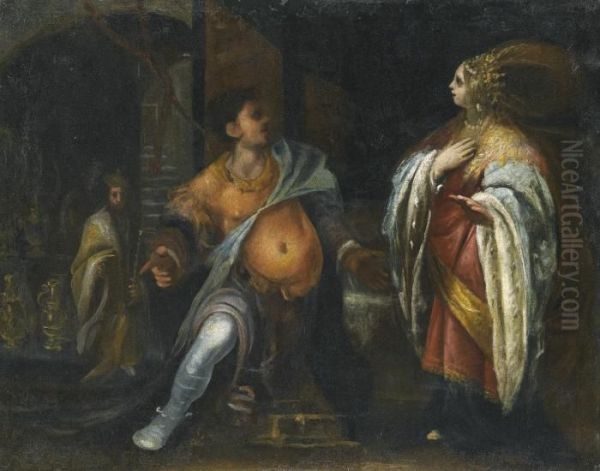 A Biblical Subject, Probably Esther Standing Before Haman, Behind Them King Ahasuerus Oil Painting by Francesco Montelaticci, Cecco Bravo