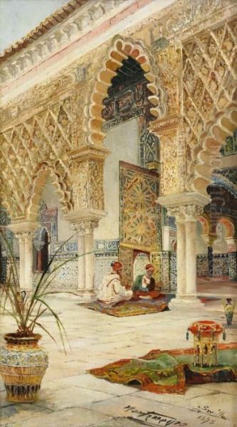 Orientalisk Bakgard Med Samtalande Morer - Sevilla Oil Painting by Jose Montenegro Capell