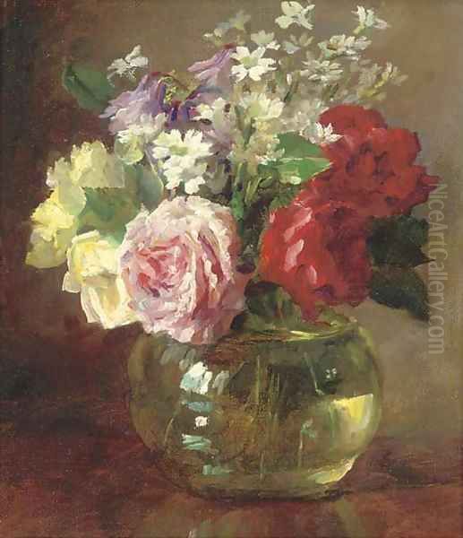 Roses and daisies in a glass vase Oil Painting by Catherine M. Wood