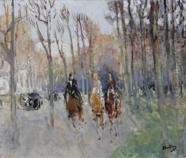 Cavaliers Au Bois De Boulogne Oil Painting by Pierre Eugene Montezin