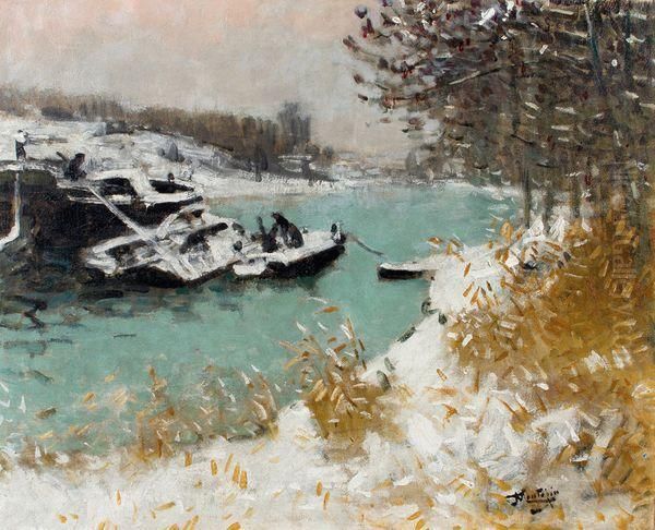 La Peniche Sous La Neige Oil Painting by Pierre Eugene Montezin