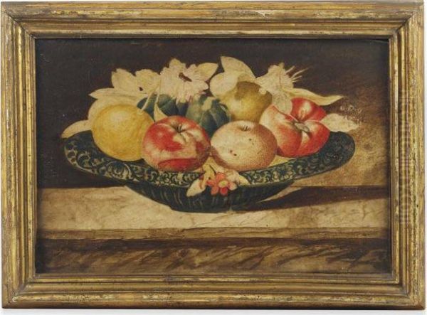 Apples And Figs In A Porcelain Dish On A Stone Ledge Oil Painting by Octavianus Montfort