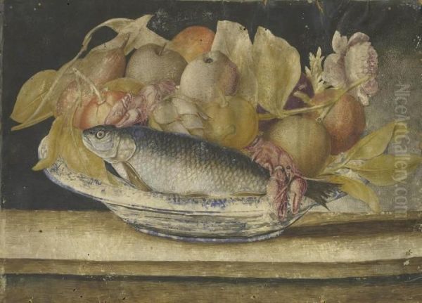 Still Life With A Fish, Lobster And Fruit In A Serving Dish Oil Painting by Octavianus Montfort