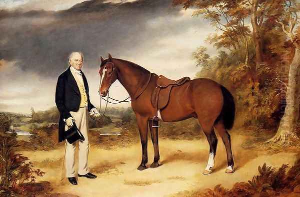 A Gentleman Holding a Chestnut Hunter in a Wooded Landscape Oil Painting by William Webb