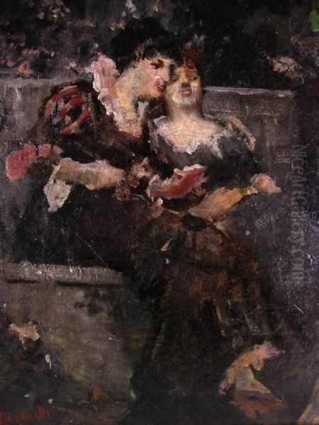 Two Women Seated In A Garden Oil Painting by Adolphe Joseph Th. Monticelli