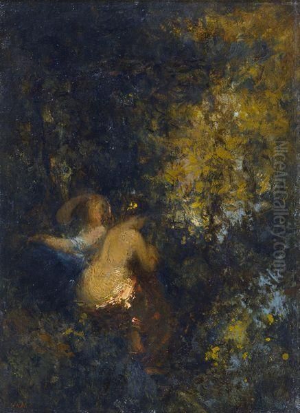 < Couple De Personnage Dans Un Sous-bois >. Oil Painting by Adolphe Joseph Th. Monticelli