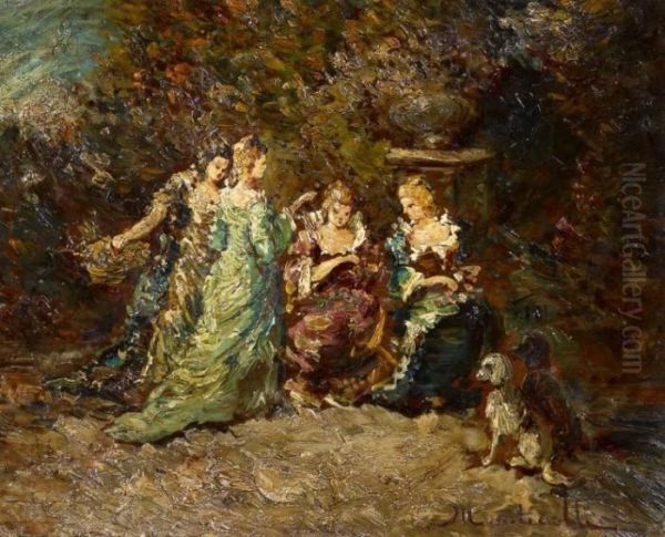 Women In Park Oil Painting by Adolphe Joseph Th. Monticelli