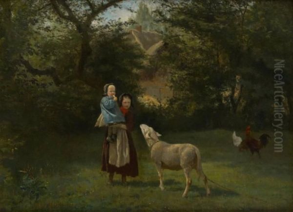 Les Enfants Et Le Mouton Oil Painting by Jules Montigny