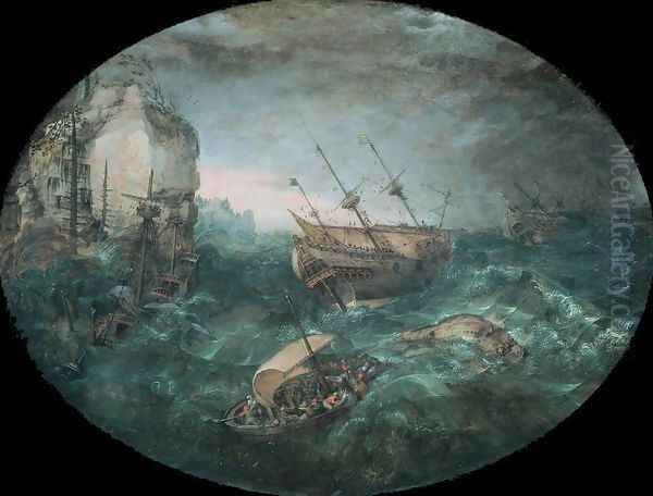 Shipwreck off a Rocky Coast Oil Painting by Adam Willaerts