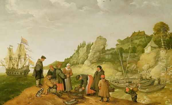 Fisherman unloading and selling their catch on a rocky shoreline Oil Painting by Adam Willaerts