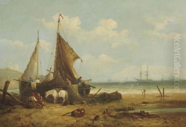 Fishing Boats Beached On The Coast With Fishermen Sorting The Catch Oil Painting by John Moore Of Ipswich