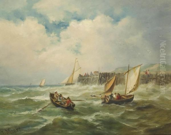 Coastal Craft Off A Jetty Oil Painting by John Moore Of Ipswich