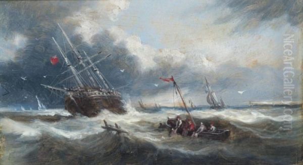 A Merchantman In Distress With Rescue At Hand Oil Painting by John Moore Of Ipswich