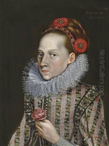 Portrait Of A Girl, Half-length,
 In A Richly Embroidered Red Dress And A Ruff, With A Decorated 
Headband, Holding A Rose Oil Painting by Giacomo Antonio Moro