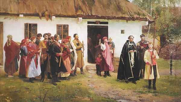 Funeral in the Village Oil Painting by Wincenty Wodzinowski