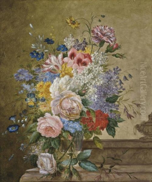 Roses, A Tulip, Carnations And Other Flowers In A Glass Vase On A Marble Ledge Oil Painting by Jan Evert Morel