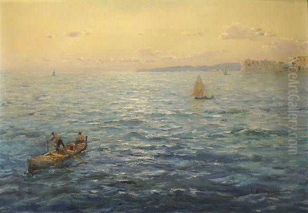 Barque Et Voilier Dans La Baie De Naples Oil Painting by Federico Morello