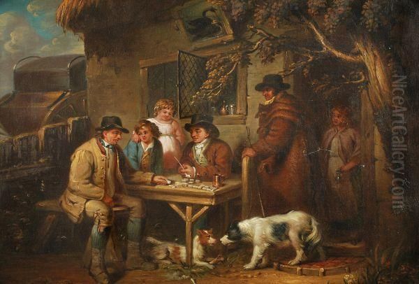 A Game Of Dominos Outside The Tavern Oil Painting by George Morland