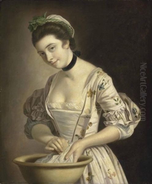 A Lady's Maid Soaping Linen Oil Painting by Henry Robert Morland