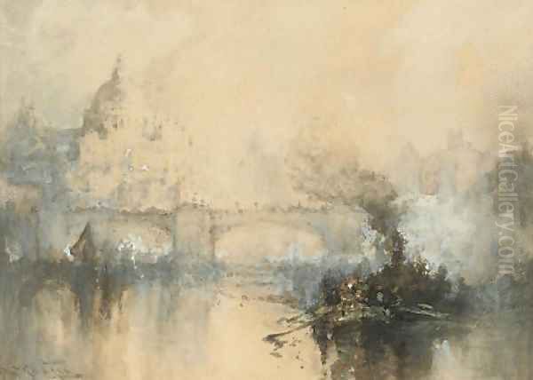 A murky day on the Thames, near Blackfriars Oil Painting by Frank Wasley