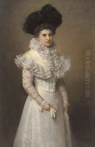 Portrait of a lady, three-quarter-length, in a white dress and black hat Oil Painting by Adolphe Weisz