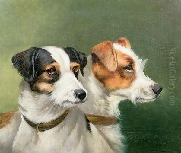 Two Fox Terriers, 1898 Oil Painting by Alfred Wheeler