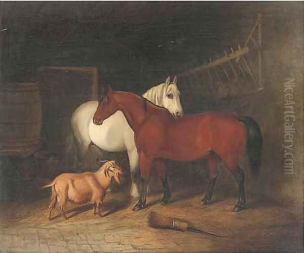 Two horses and a goat in a stable Oil Painting by Alfred Wheeler