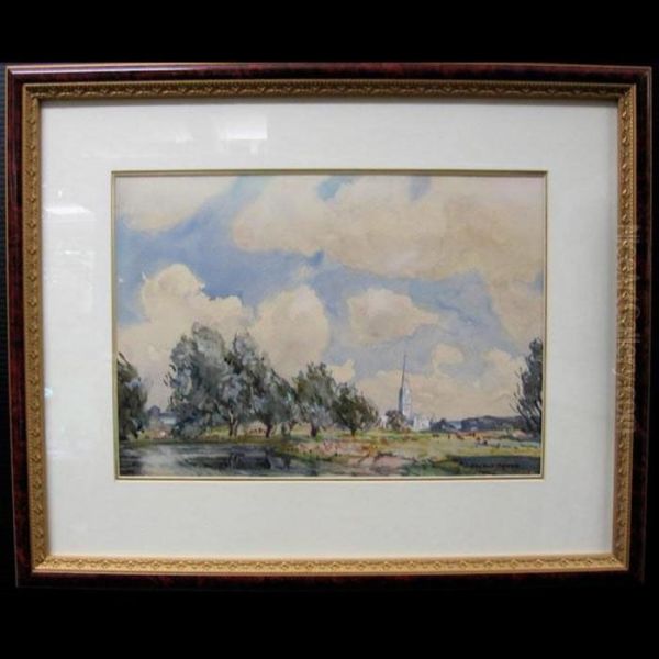 Distant Cathedral With Cattle Grazing Oil Painting by Sidney Dennant Moss