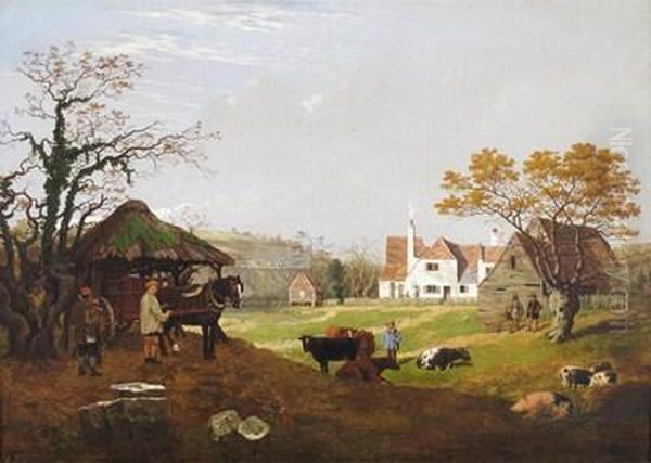 Farm Scene With A Railway Under Construction Beyond Oil Painting by George William Mote