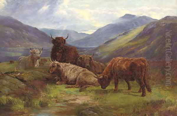 Highland cattle resting before a loch Oil Painting by William Watson