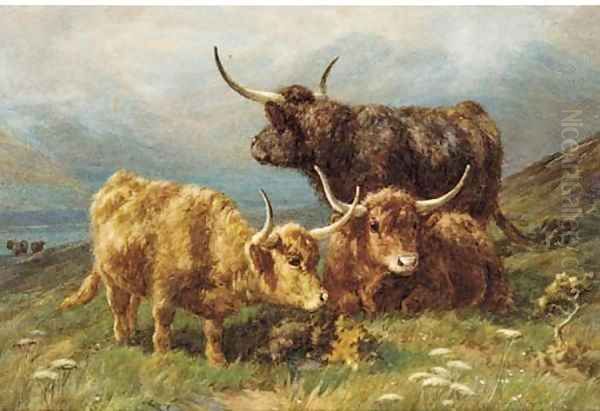 Highland cattle in a mountainous landscape; and Highland cattle with a calf Oil Painting by William Watson