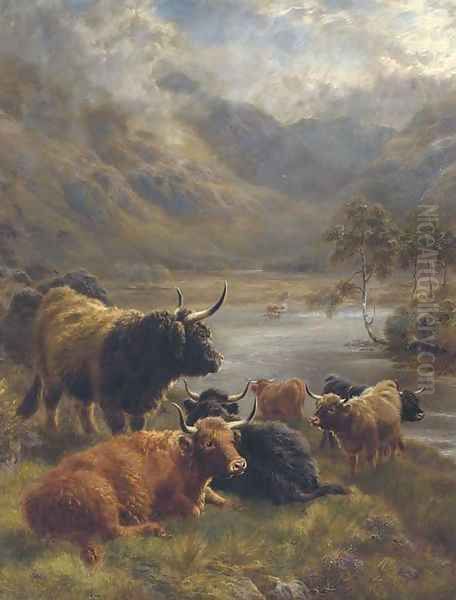 Highland cattle in a loch landscape Oil Painting by William Watson