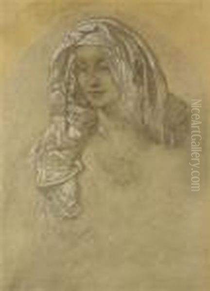 A Portrait Of A Girl Oil Painting by Alphonse Maria Mucha