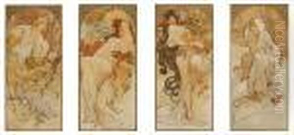 'the Four Seasons' Calendar For Chocolat Masson/chocolat Mexicain Oil Painting by Alphonse Maria Mucha