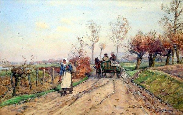 Niederrheinlandschaft Mit Bauerin Und Kutschenwagen Oil Painting by Hugo Muhlig