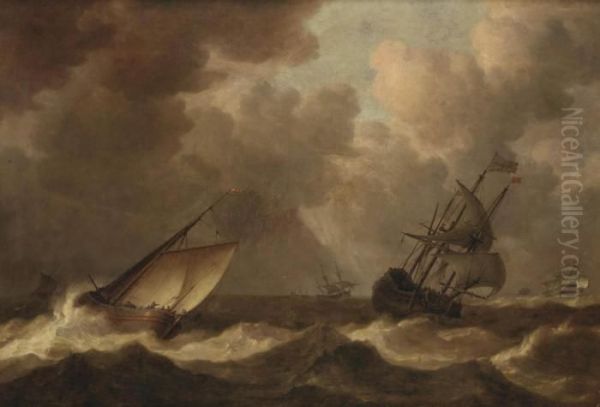 An English Man-of-war Before The Wind And A Close Hauled 'hoeker', As A Storm Approaches Oil Painting by Pieter the Younger Mulier