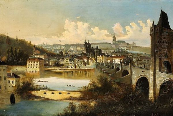 View Of Prague With The Charles Bridge Crossing The Vltava River Oil Painting by Adam Muller