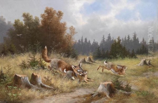 Fox And Rabbits Oil Painting by Moritz Muller