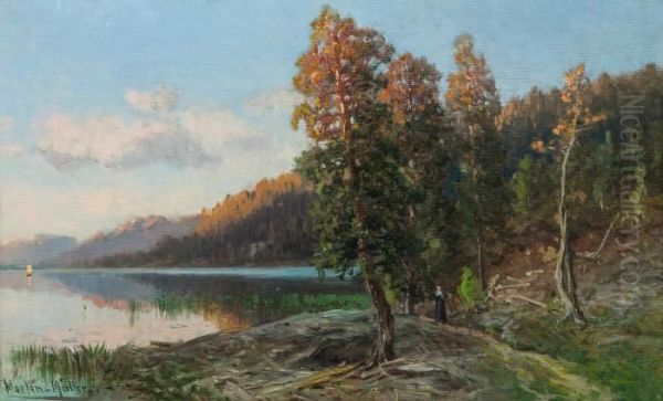 Kvinne I Skogslandskap Ved Vann Oil Painting by Morten Muller