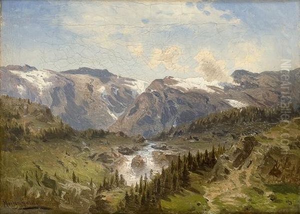 Norwegian Landscapewith A River Oil Painting by Morten Muller